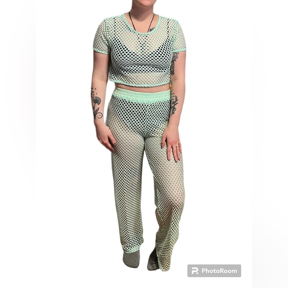 Isla Bonita Mesh net high waist coverup trouser pants and crop top set NWT